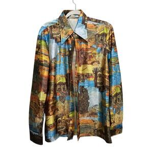 Vintage Barrister 1970’s Vincent Van Gogh Shiny Disco Button Down Shirt Size L